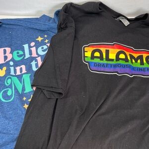 Next Level Apparel Black Tee with Rainbow Logo and Blue Tee with Colorful Text